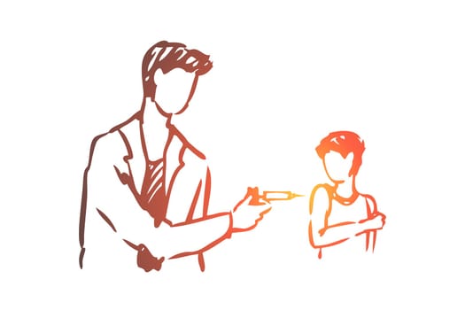 Kid, doctor, vaccine, injection, boy concept. Hand drawn doctor vaccinates a child concept sketch. Isolated vector illustration.