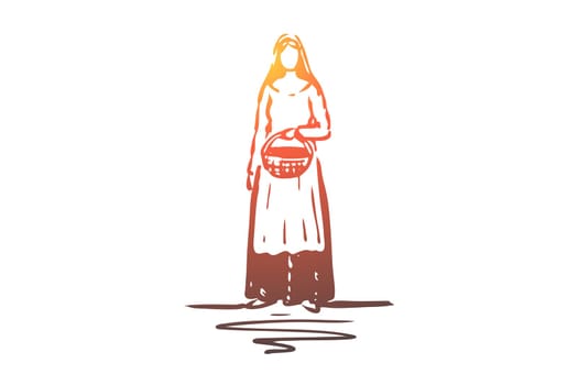 Medieval, woman, dress, costume, ancient concept. Hand drawn woman with basket in medieval dress concept sketch. Isolated vector illustration.
