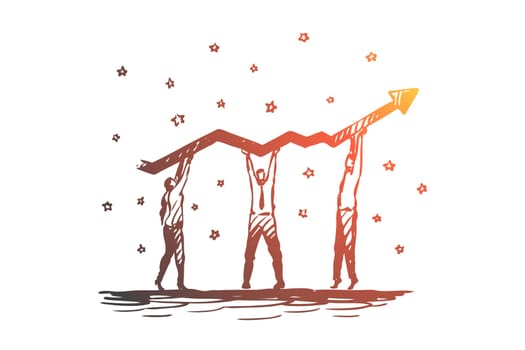 Teamwork, arrow, growth, company, leadership concept. Hand drawn business team working on success growth concept sketch. Isolated vector illustration.