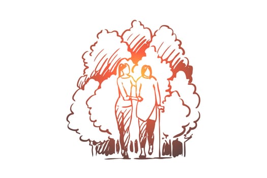 Leg, injury, crutch, pain, help concept. Hand drawn woman helps woman to walk with crutch concept sketch. Isolated vector illustration.