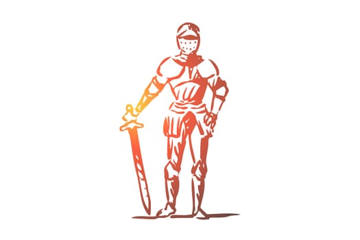 Medieval, knight, armor, helmet, ancient concept. Hand drawn medieval knight dressed in armor concept sketch. Isolated vector illustration.