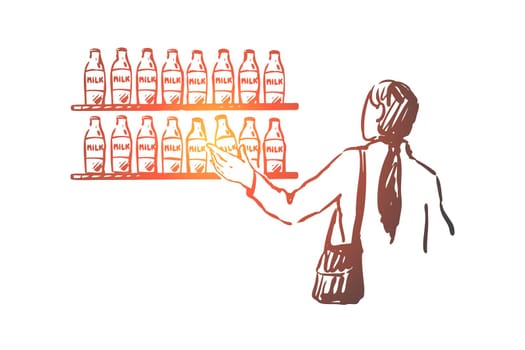 Milk, shop, customer, store bottle concept. Hand drawn fresh milk on the shop shelves and customer concept sketch. Isolated vector illustration.