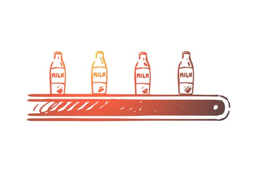 Milk, factory, line, processing, machine concept. Hand drawn milk production line with bottles concept sketch. Isolated vector illustration.