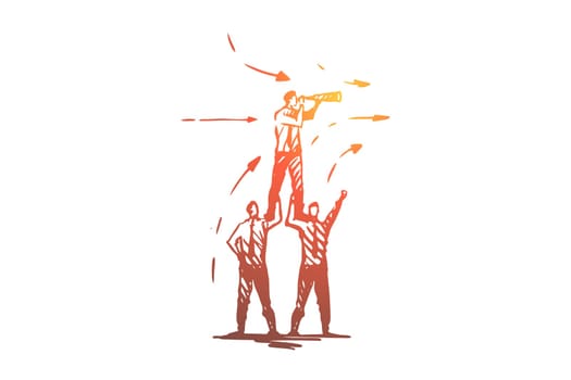 Teamwork, company, project, leadership concept. Hand drawn business team looking for new strategy concept sketch. Isolated vector illustration.