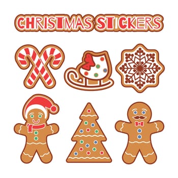 Christmas Gingerbread cookie sticker set. Traditional colorful cookies with Snow flake, Christmas Tree, candy cane isolated on white. Holiday graphic design elements for scrapbooking, stickers, badges