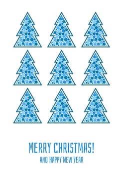 Merry Christmas and Happy New Year greeting card. Decorative invitation, flyer, poster template with text. Christmas tree with bubbles, snow flakes. Holiday themed graphic design. Vector illustration