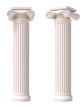Antique columns in greek style. Front and side view. Isolated on white background.