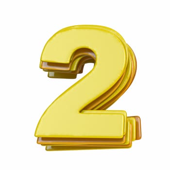 Yellow font Number 2 TWO 3D render illustration isolated on white background