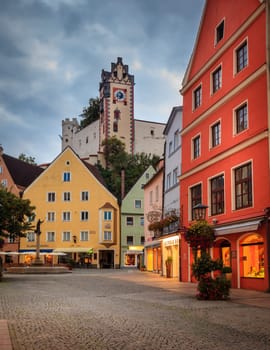 Fussen, Germany, September 27, 2015: Central square in Fussen featuring a landmark fountain - Stadtbrunnen