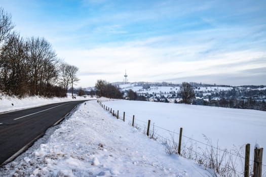 View to Hoherodskopf in Hesse Germany in winter season with snow.