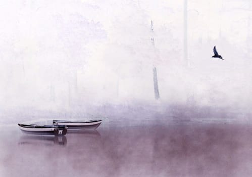 fishing boat in the fog on the Masurian Lake
