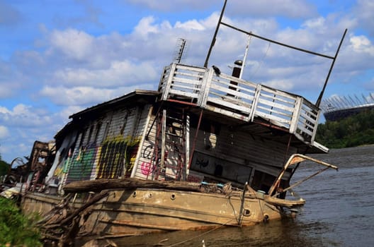 Burnt barge on the Vistula River.
