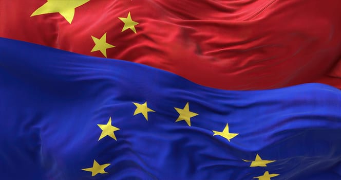 The flags of the European Union and China waving. International relations and diplomacy.