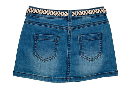 Jeans skirt. Close-up of sexy short blue jeans skirt with a elegant leather belt isolated on a white background. Clipping path. Denim fashion for girls.