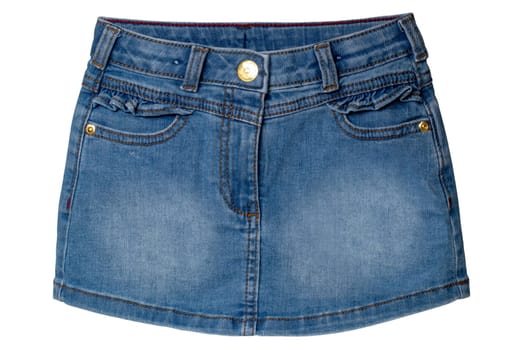 Jeans skirt. Close-up of sexy short blue jeans skirt without belt isolated on a white background. Denim summer fashion for girls. Macro photograph.