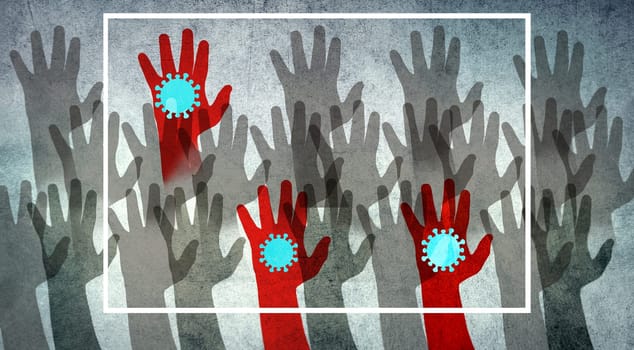 Silhouettes of hands, three are red colored, infected with Covid-19, crowd with healthy and sick people, 3d illustration