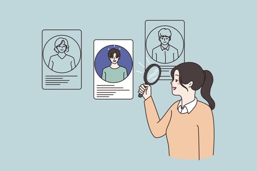 Woman with magnifier glass look at choose among job candidates after interview. Female recruiter hiring staff applicants at vacant position. Employment, recruitment concept. Vector illustration.
