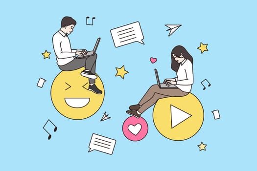 People sit on emoticons chat communicate online with laptops on social media. Smiling man and woman text message on internet at computer. Network, web communication concept. Flat vector illustration.