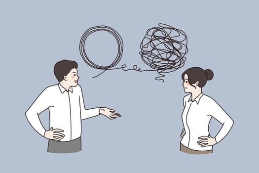 Businesspeople talk brainstorm discuss idea together, solve business problem. Man and woman employees colleagues unravel complex situation. Teamwork, solution concept. Vector illustration.