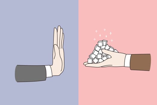 Person hand say stop no to sugar. Human refuses from sweet. Ban on sweetstuff. Healthy lifestyle, bad habit, harmful product concept. Sugar free. Flat vector illustration, cartoon character.