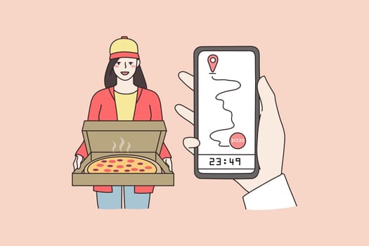 Pizza delivery girl courier in doorway, tracking order online on smartphone. Ordering food at restaurant using cellphone application. Deliver, takeaway, fastfood concept. Vector illustration.