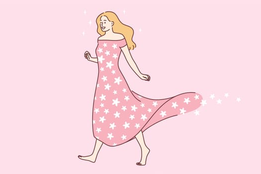 Natural beauty of woman concept. Young smiling blonde woman in pink long dress walking with flowers flying nearby feeling beautiful vector illustration