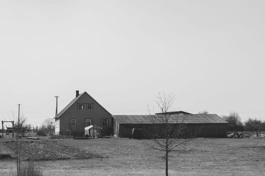 Countryside view with village house. houses in the filed