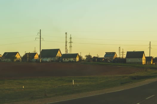 Countryside view with village house. houses in the filed