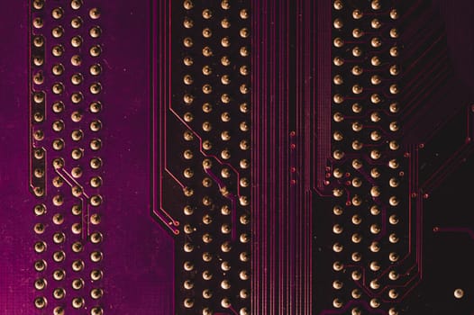 Spoiled motherboard close up. circuit board with dust and defects. modern technologies. micro elements of computer with connections and traces. Intelligent technology abstract background