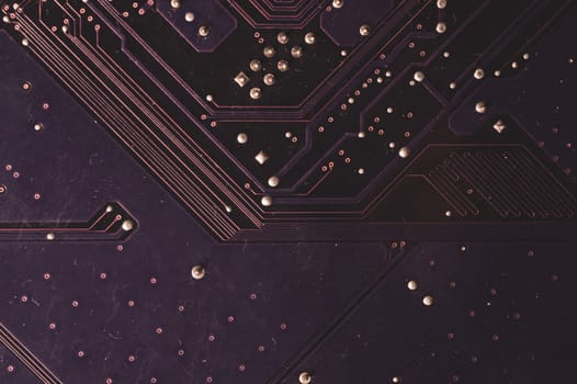 Spoiled motherboard close up. circuit board with dust and defects. modern technologies. micro elements of computer with connections and traces. Intelligent technology abstract background