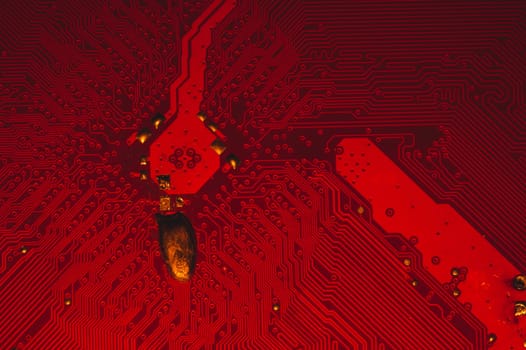 Spoiled motherboard close up. circuit board with dust and defects. modern technologies. micro elements of computer with connections and traces. Intelligent technology abstract background