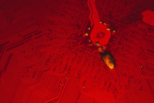 Spoiled motherboard close up. circuit board with dust and defects. modern technologies. micro elements of computer with connections and traces. Intelligent technology abstract background