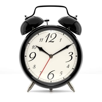 Alarm clock on white background with shadow. Vintage style black color clock with black hands.