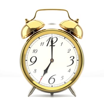 Ringing alarm clock. Golden table shelf vintage clock on white background. 3D illustration