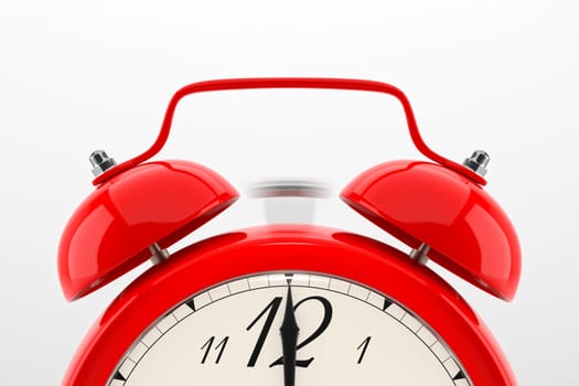 Ringing alarm clock. Red table shelf vintage clock on white background. 3D illustration