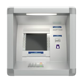 Atm machine with a card reader. Pin code safety, automatic banking, bank account access electronic cash withdrawal, concept. Display screen, buttons, cash dispenser, receipt printer. 3D illustration
