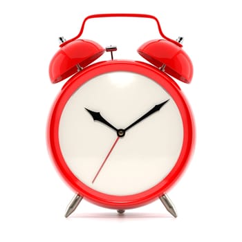 Alarm clock on white background with shadow. Vintage style red color clock with black hands.