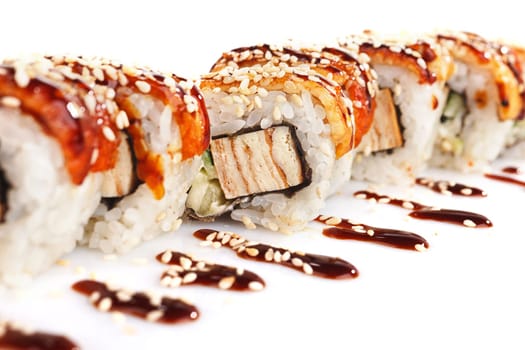 Traditional japanese sushi  with sauce isolated on white background