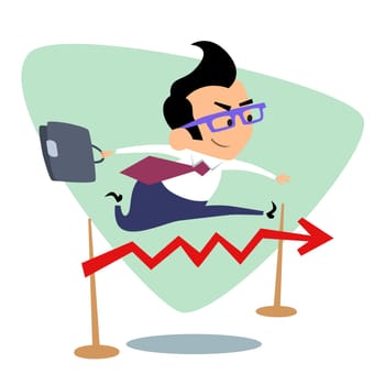 Businessman steeplechase jump over the barrier graph of sales. The image of business as a sport. Businessman in sports situations