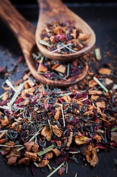 Dry tea on wooden table