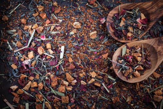 Dry tea on wooden table