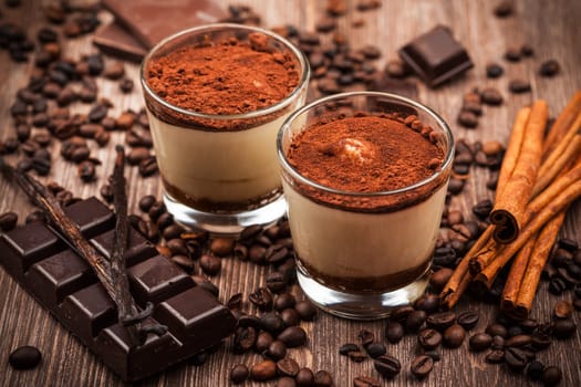 Delicious tiramisu dessert with ingredients
