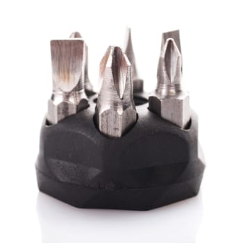 Screwdriver drill bits on white