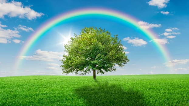 Oak on a green meadow spanned by a rainbow