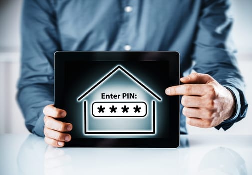 Close up Man in Long Sleeves Shirt Holding a Tablet Computer While Pointing the Conceptual Enter Pin Display on the Screen.