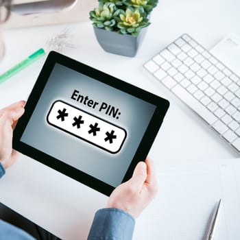 Enter pin for online security and access displayed on a tablet screen in a navigation bar to secure the connection with a unique identifier code