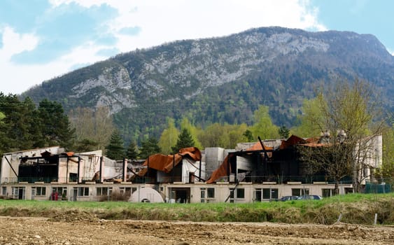 building destroyed by fire in mountain