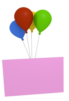 Colorful balloons with a pink greeting card on a white background