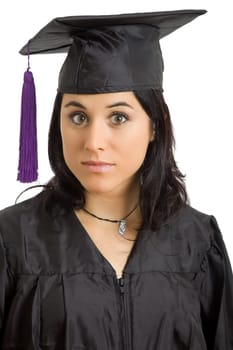 happy young woman on graduation day, isolated on white