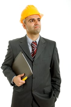 An engineer with yellow hat, isolated on white